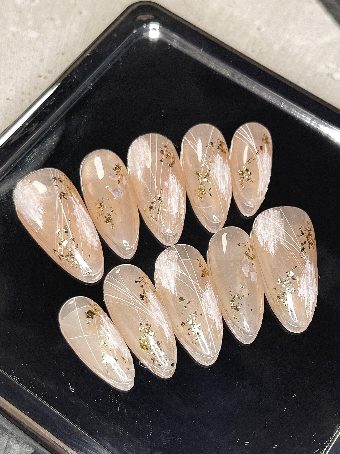 Nude glittery sculptured Press on Nails, gold flakes handmade Art  Nails, Jelly Nails