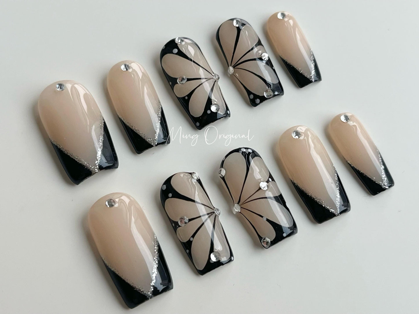 Butterfly wings press on art nail, nude french tip nails, handmade glue on nail, fake nails, holiday birthday gift for her, MO348
