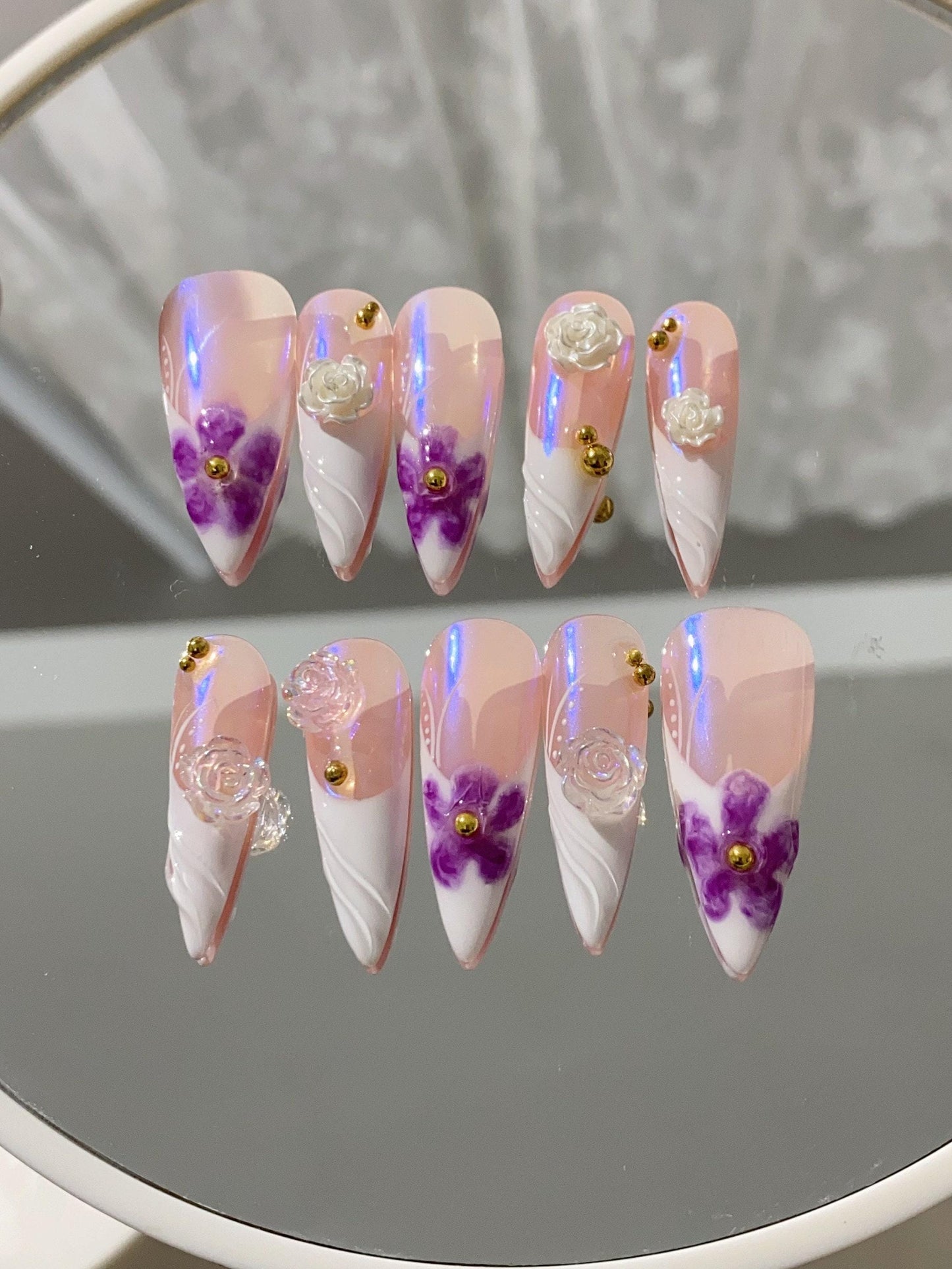 Limited Time New Design Promo|Purple Summer Camellia Flower 3D Free Style press on nails, Fairycore Floral Nail, French Tip, aura nail