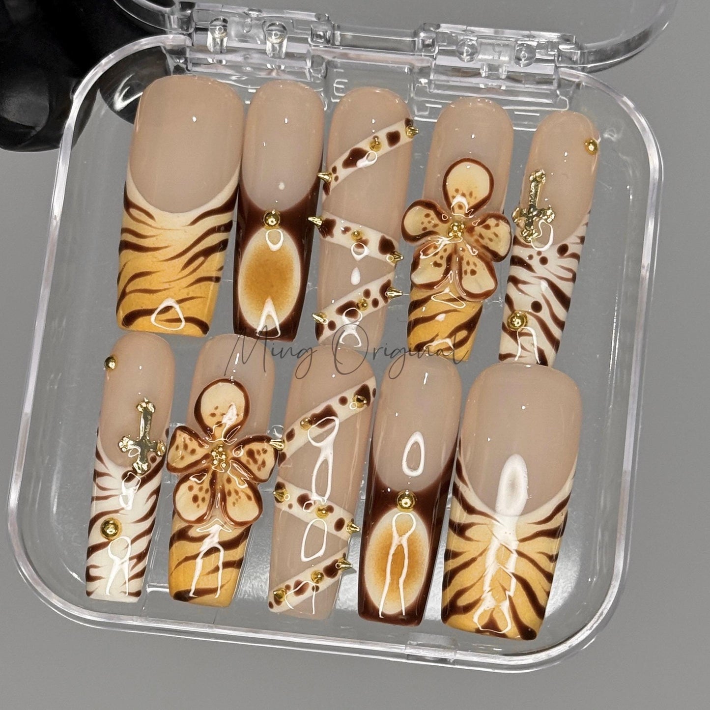 Brown Flower handmade 3d Press on Nails, animal print, belt and gold rivet, Zebra stripe French tip nail,gift for her,MO452