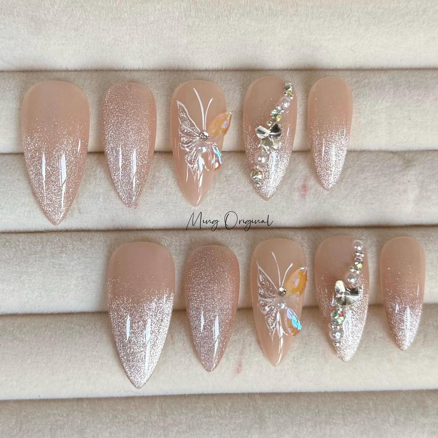 Nude Ombre Cat Eye with Butterfly press on nails, Everyday nail, Glittery faded tip aura crystal nail, bridal art nail,  gift for her, MO395