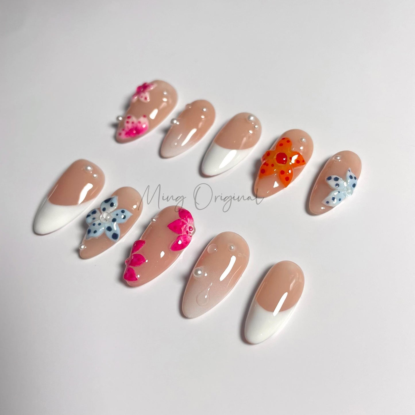 Colorful Vivid Blooming Flower Press on Nails, French tip Nails, Spring Summer, birthday holiday gift for her MO456