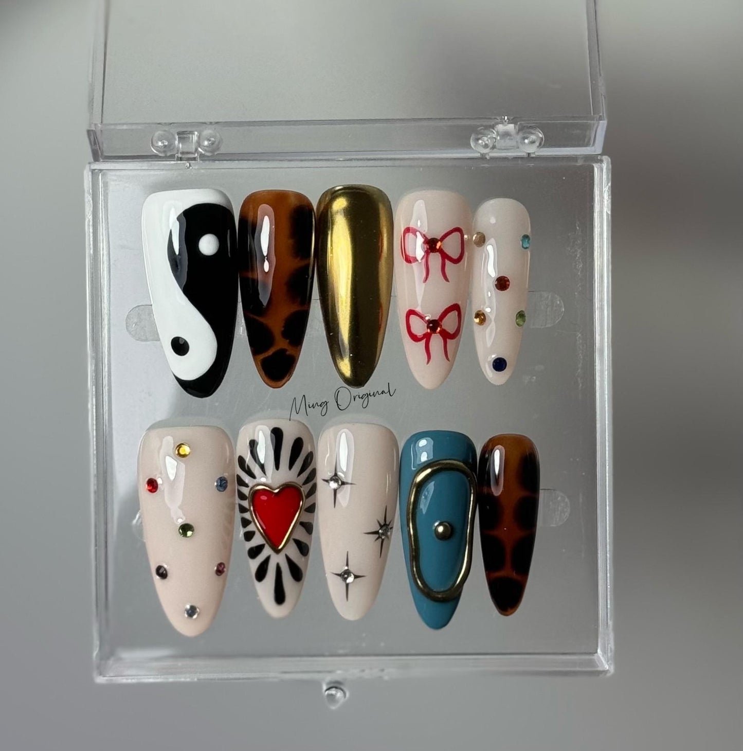 Trendy Mixed Design Press On Nails, Handmade Luxury Nail Set, Tortoise, Yin Yang, Red Heart, Gold Chrome, 3D Bows,birthday gift for he MO391