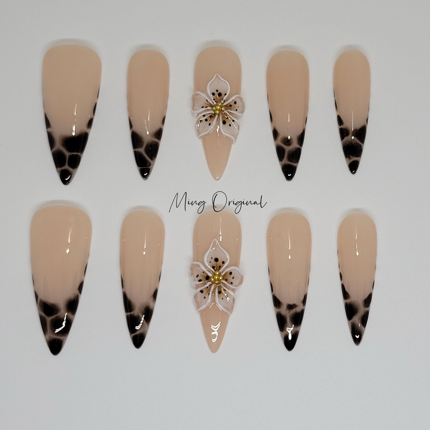 Animal print french tip Press on Nails,  leopard print 3d flower fake nails, glue on nail, holiday birthday gift for her,MO290
