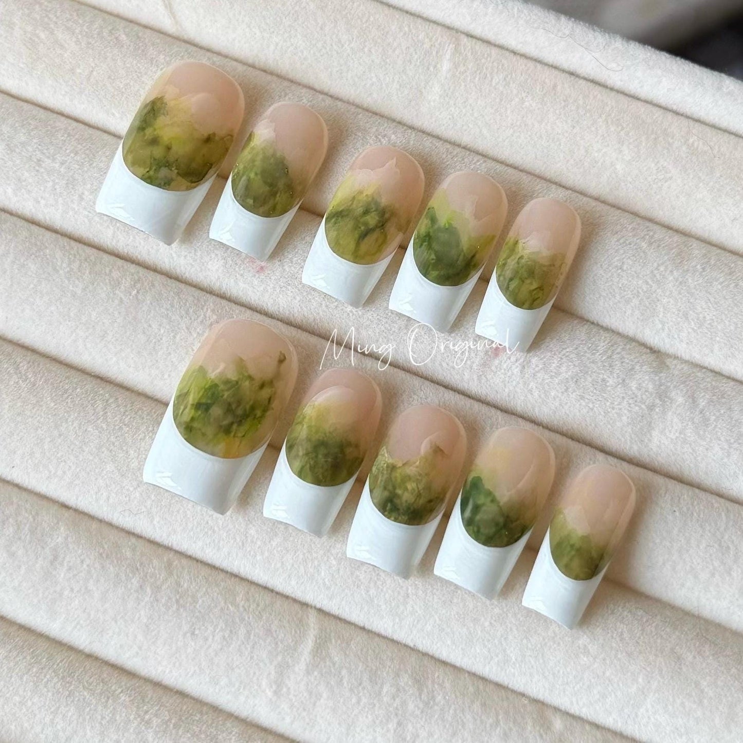 French Tip Collection| white tip with green water color Press on Nail, glue on nail, art nail, birthday gift for her,MO332