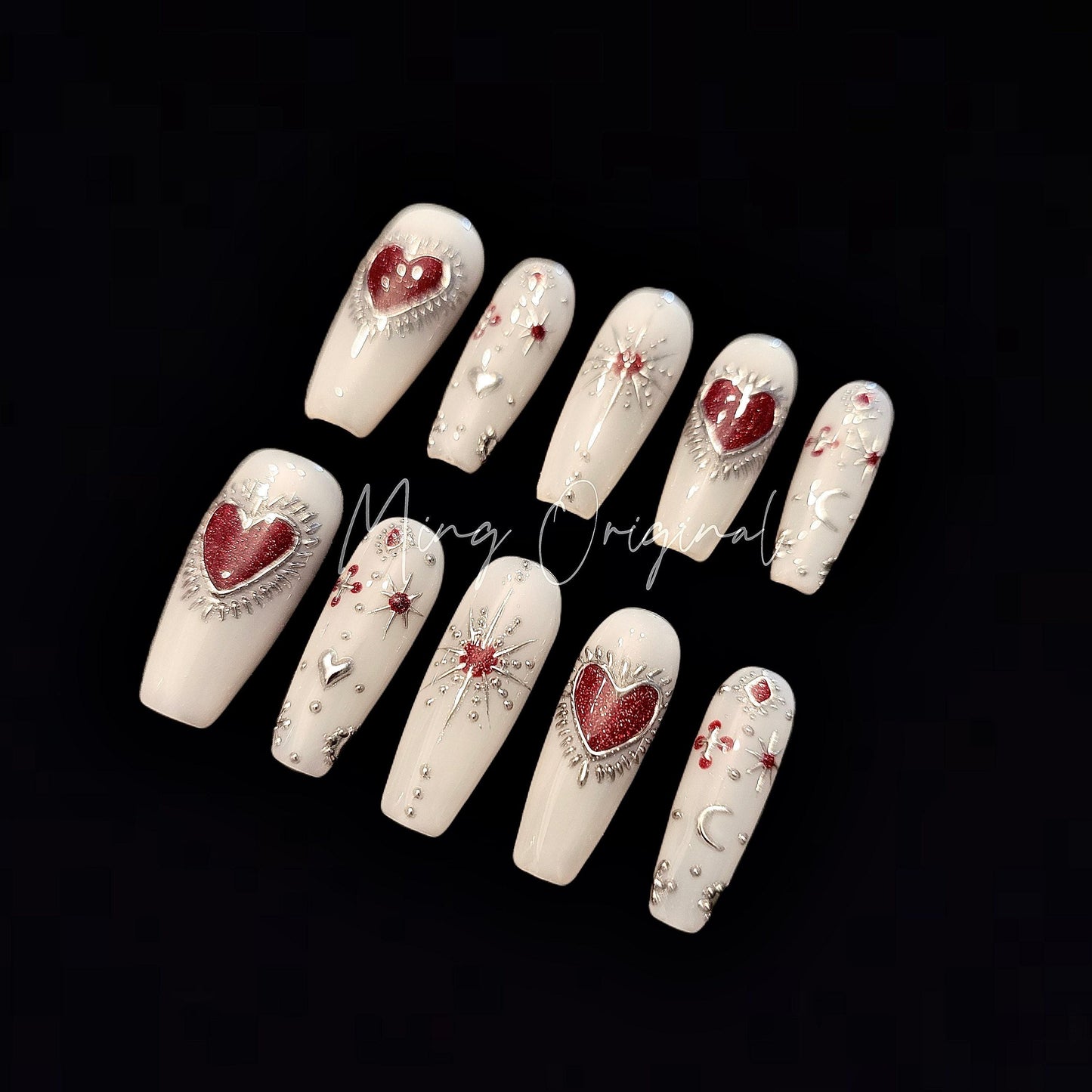 Milky white Silver Glittery heart chrome Press on Nails, hand painted free style heart handmade Nails, vintage style