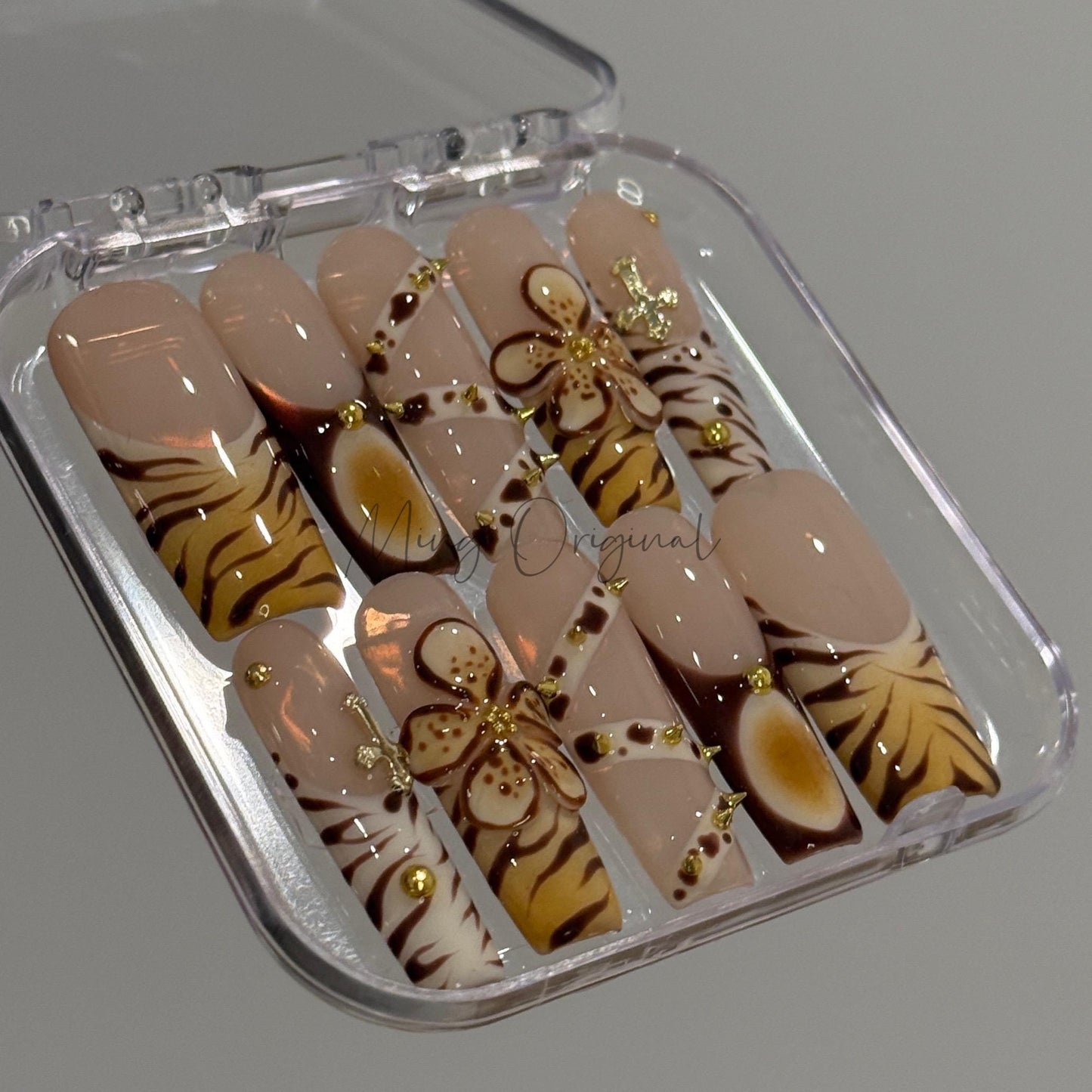 Brown Flower handmade 3d Press on Nails, animal print, belt and gold rivet, Zebra stripe French tip nail,gift for her,MO452