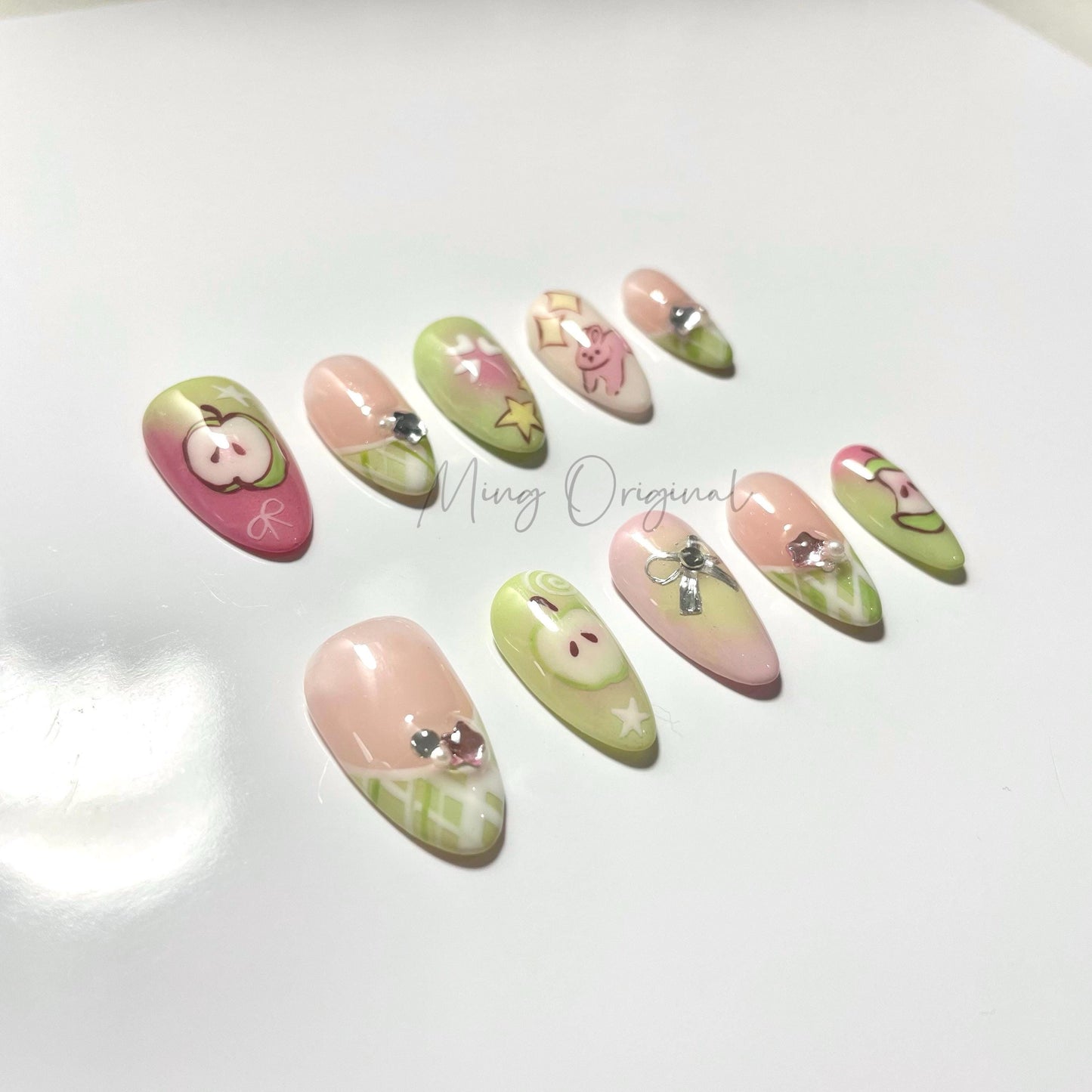 Apple Bunny Picnic Fruit Lover press on nails,Fresh Look Candy Color Gifts for Her, Gingham Accent, Spring Soft Pink and Green Apple, MO358