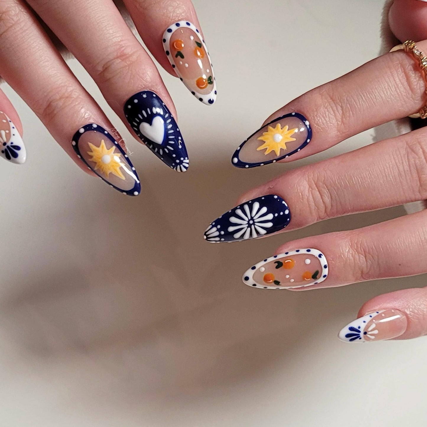 Boho Patch work French Tip Nail , Porcelain Pattern Talavera handpainted press on nails, Heart and orange free style holiday Gifts for Her