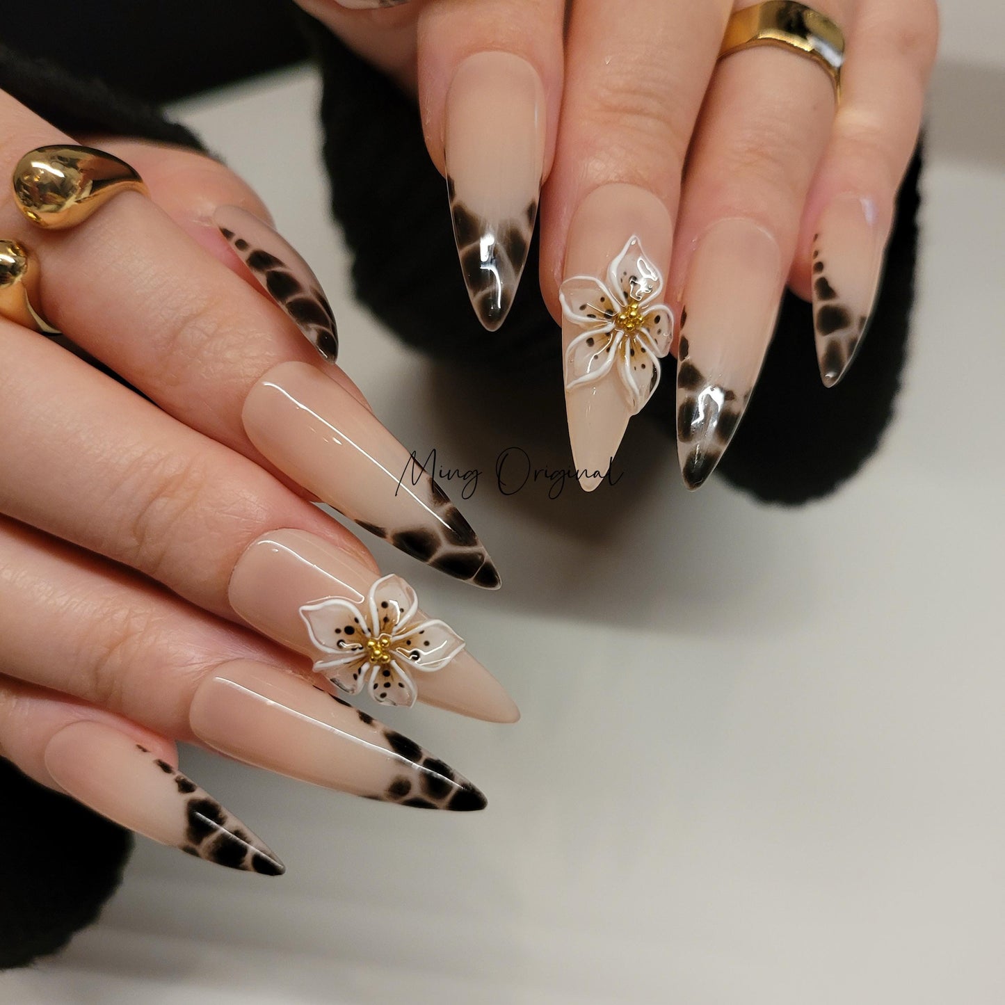 Animal print french tip Press on Nails,  leopard print 3d flower fake nails, glue on nail, holiday birthday gift for her,MO290