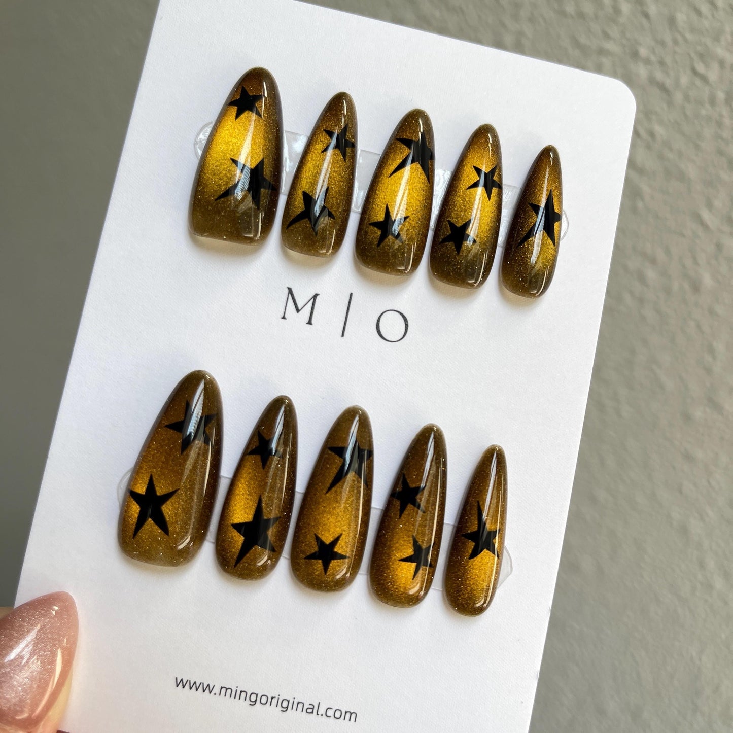 Da Amber Star| glass beads inspired magnetic cat eye press on nails, yellow/golden nails, semitransparent reuse nails, glitter fake nail