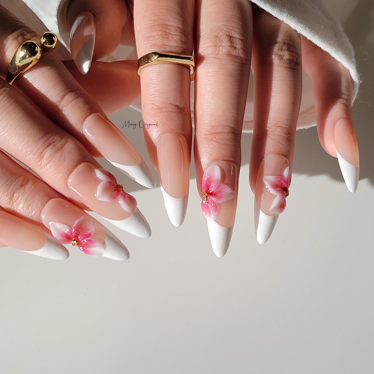 Pink 3d blooming flower press on nails, 3d white jelly flower French tip Nails, nude nails, birthday holiday gift for her MO322