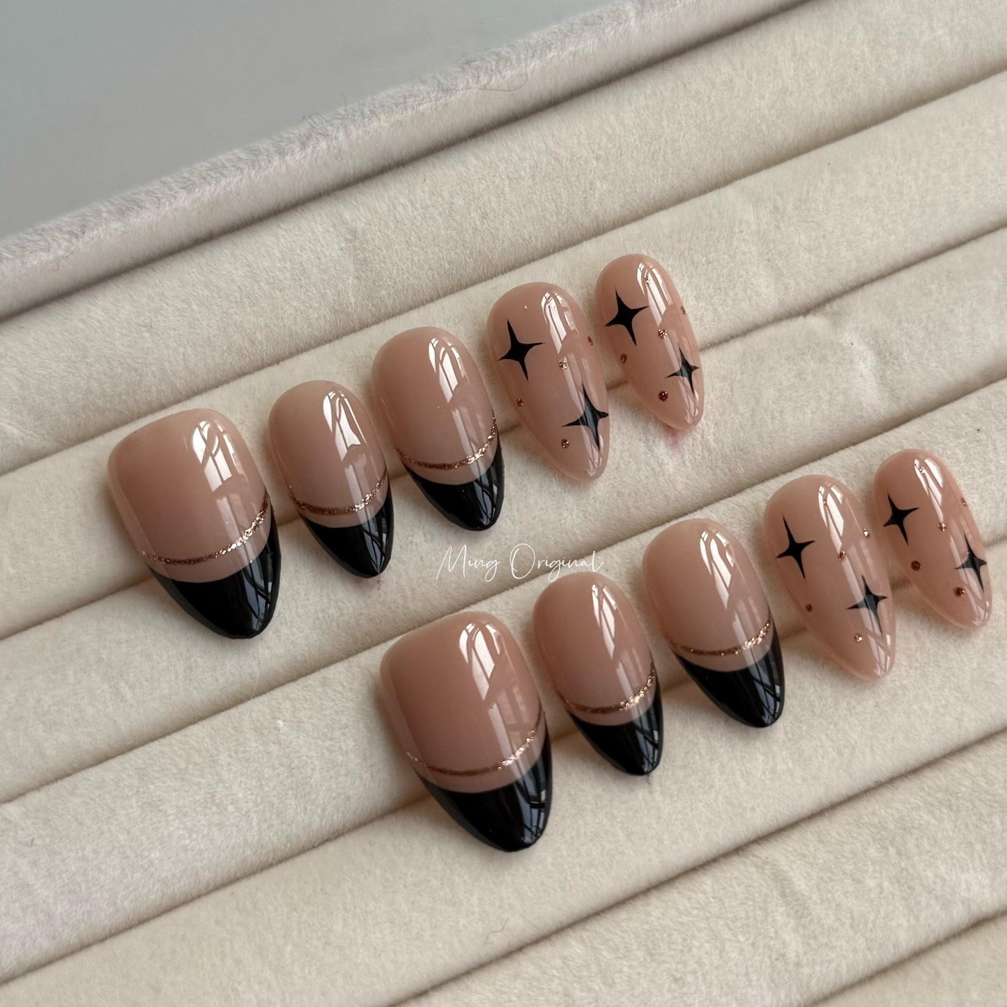 French Tip Collection, black tip and gold abstract line Press on Nails, nude Star everyday nail ,autumn winter nail, gift for her,MO324