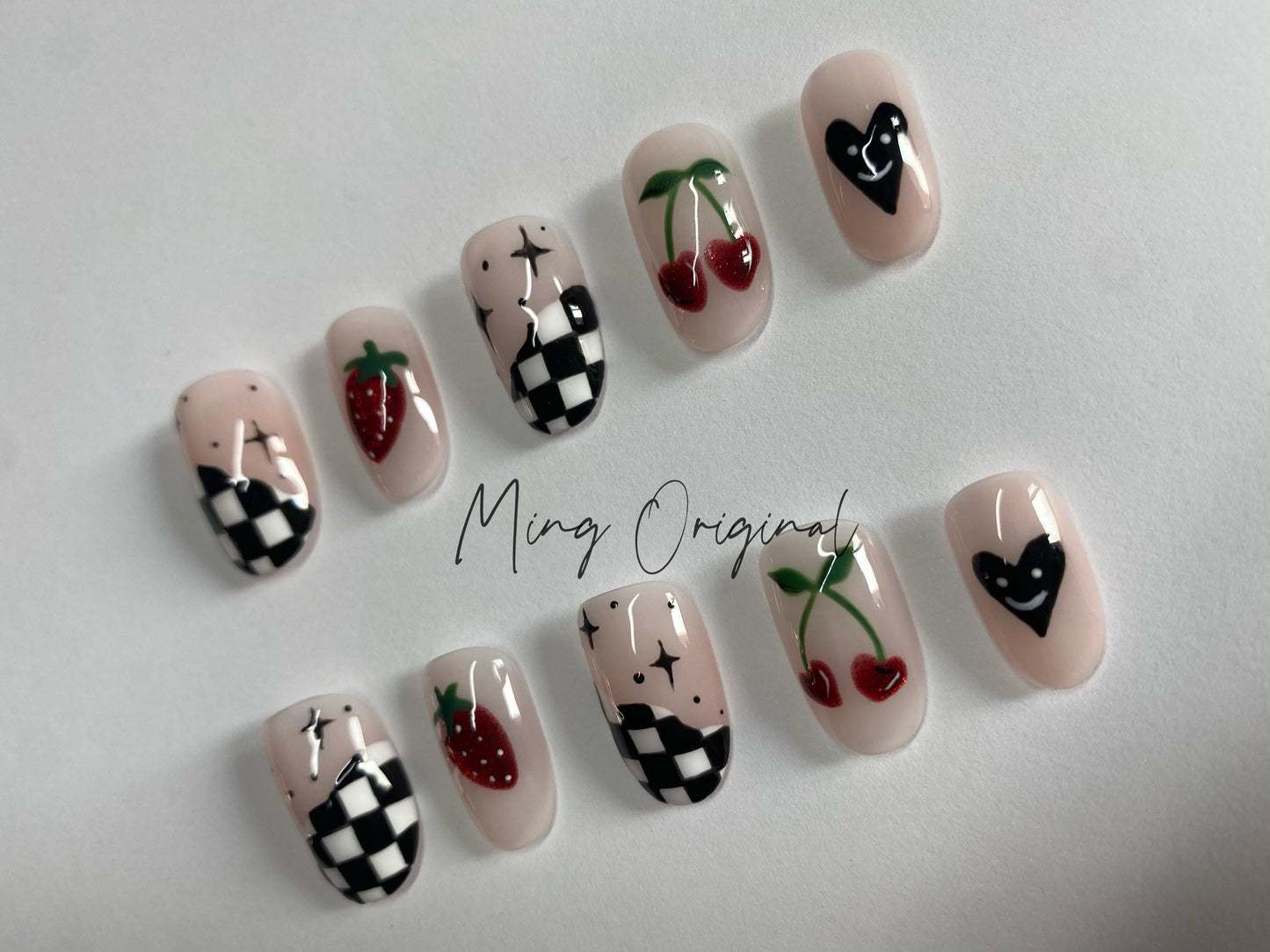 Cute Checkerboard fruit lover Y2K Press on Nails, red cherry and strawberry nail, hand painted Nails, fake nails, gift for her