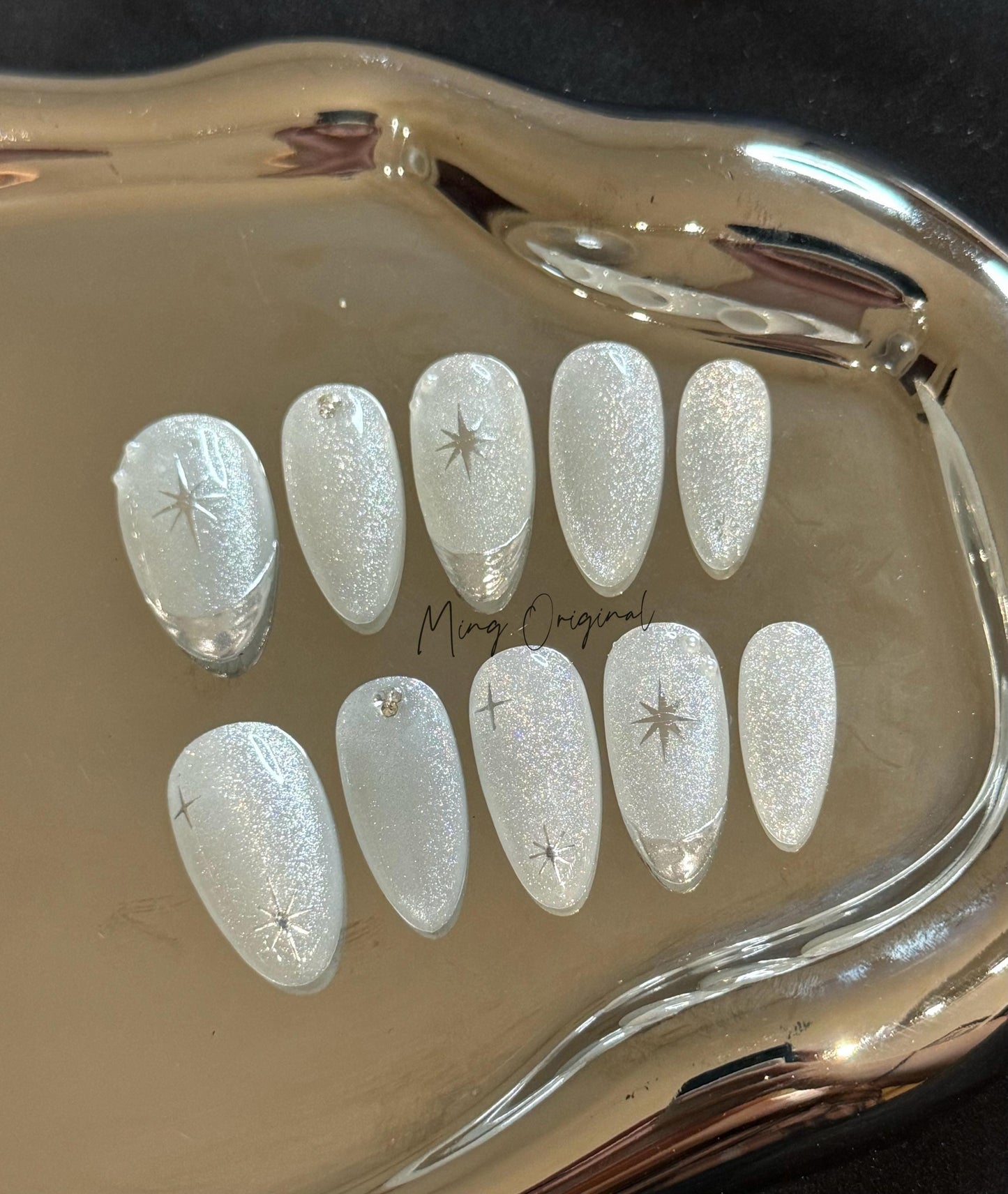 Silver Cat Eye Glittery free style Chrome French Tip Nail press on, Y2K Star Pearl Glittery Jelly Fake nails, Luxury Handmade Nails