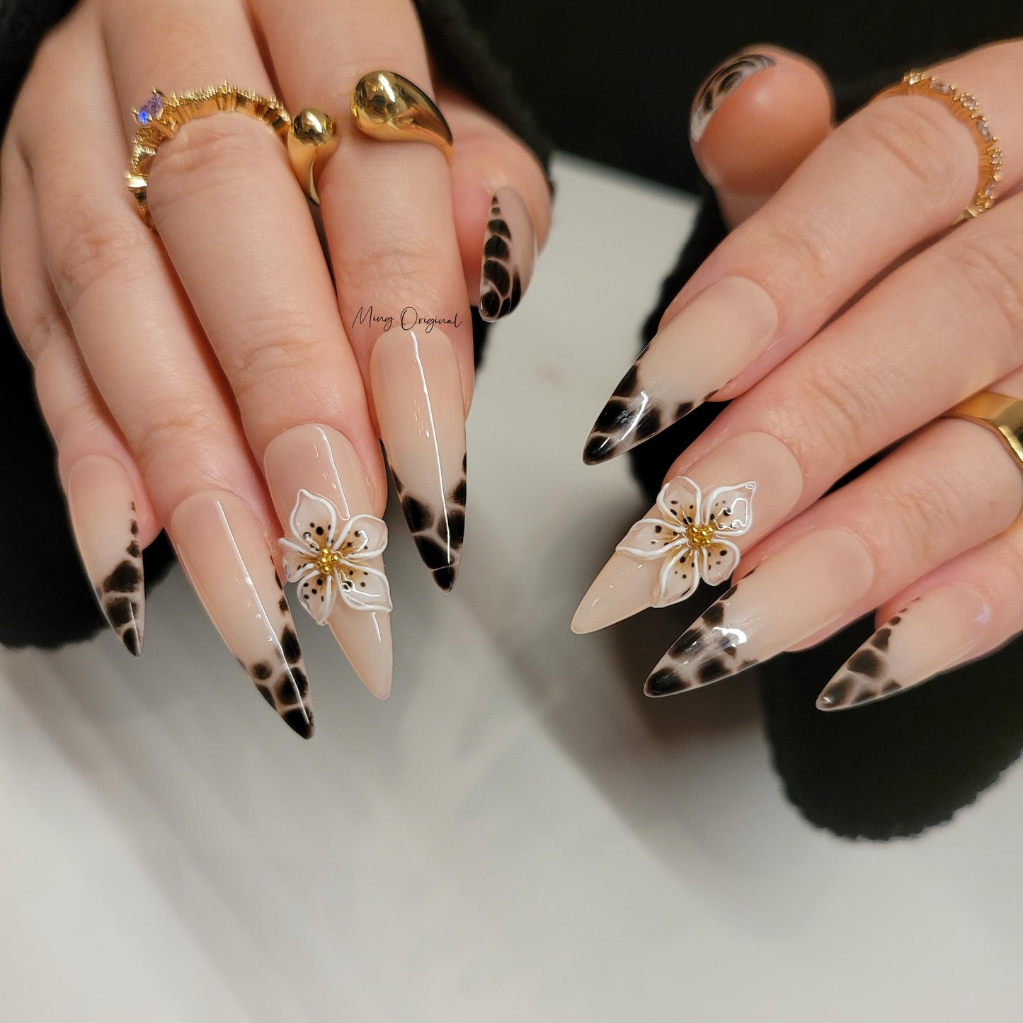 Animal print french tip Press on Nails,  leopard print 3d flower fake nails, glue on nail, holiday birthday gift for her,MO290