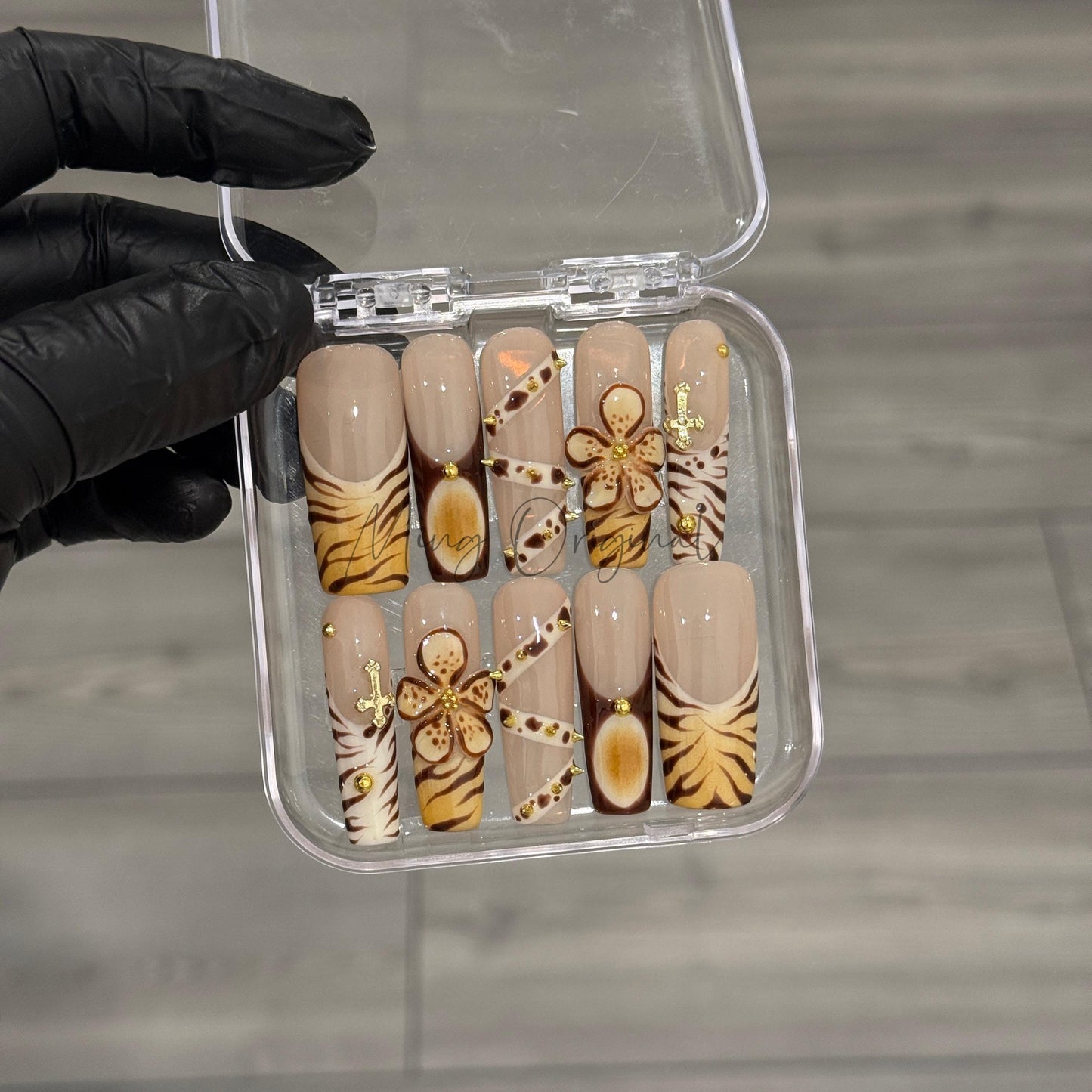 Brown Flower handmade 3d Press on Nails, animal print, belt and gold rivet, Zebra stripe French tip nail,gift for her,MO452