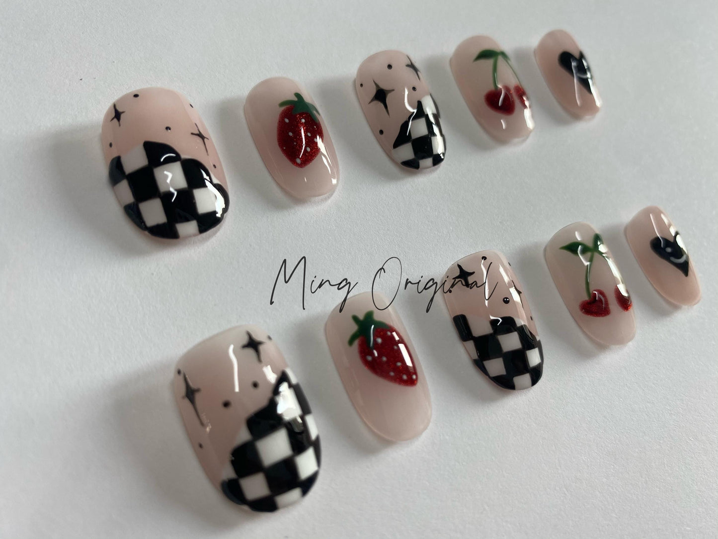 Cute Checkerboard fruit lover Y2K Press on Nails, red cherry and strawberry nail, hand painted Nails, fake nails, gift for her