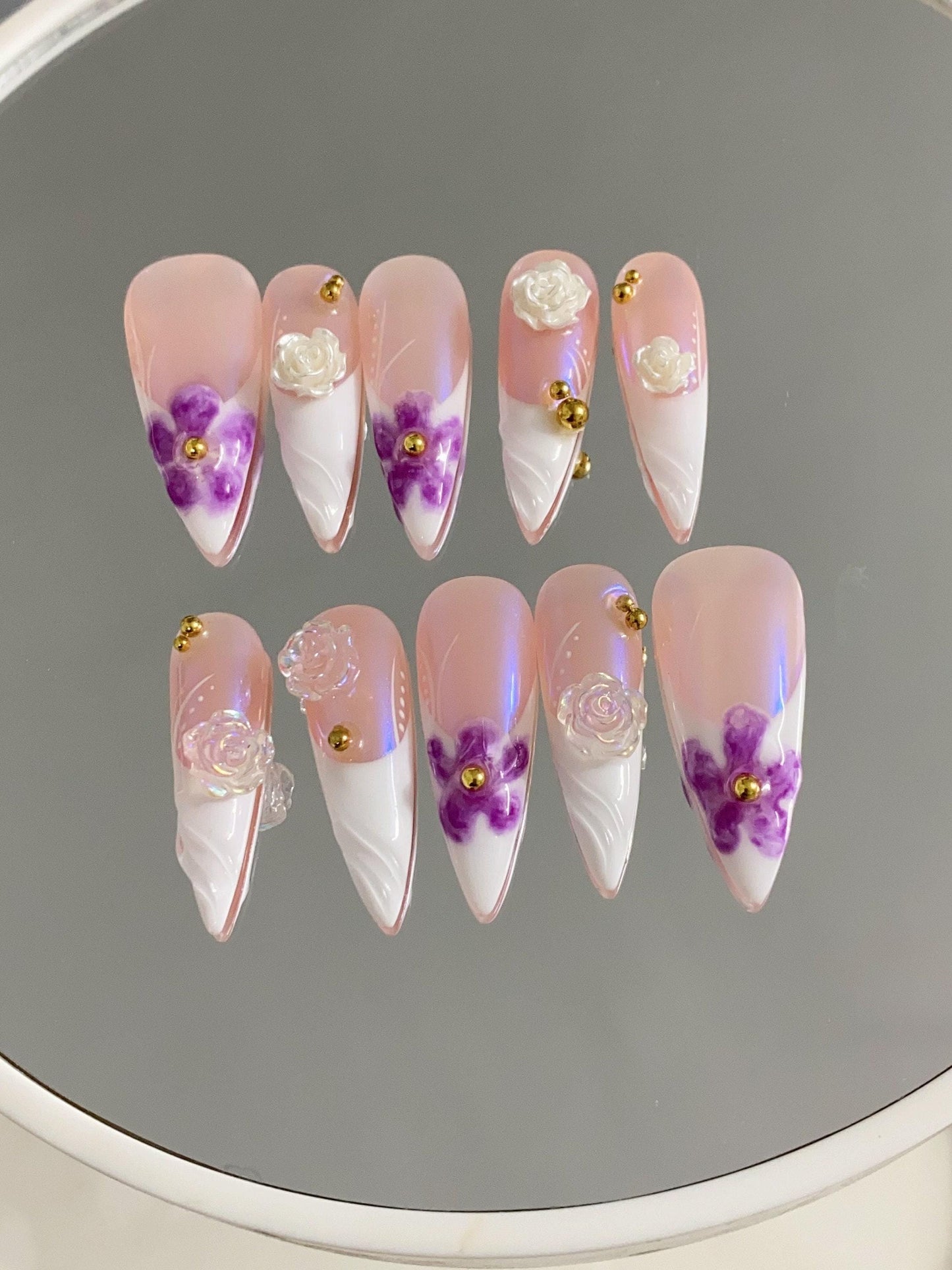 Limited Time New Design Promo|Purple Summer Camellia Flower 3D Free Style press on nails, Fairycore Floral Nail, French Tip, aura nail