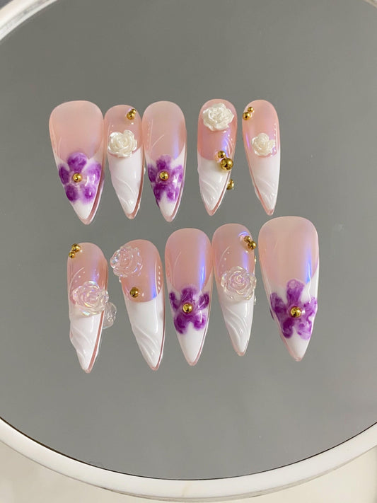 Limited Time New Design Promo|Purple Summer Camellia Flower 3D Free Style press on nails, Fairycore Floral Nail, French Tip, aura nail