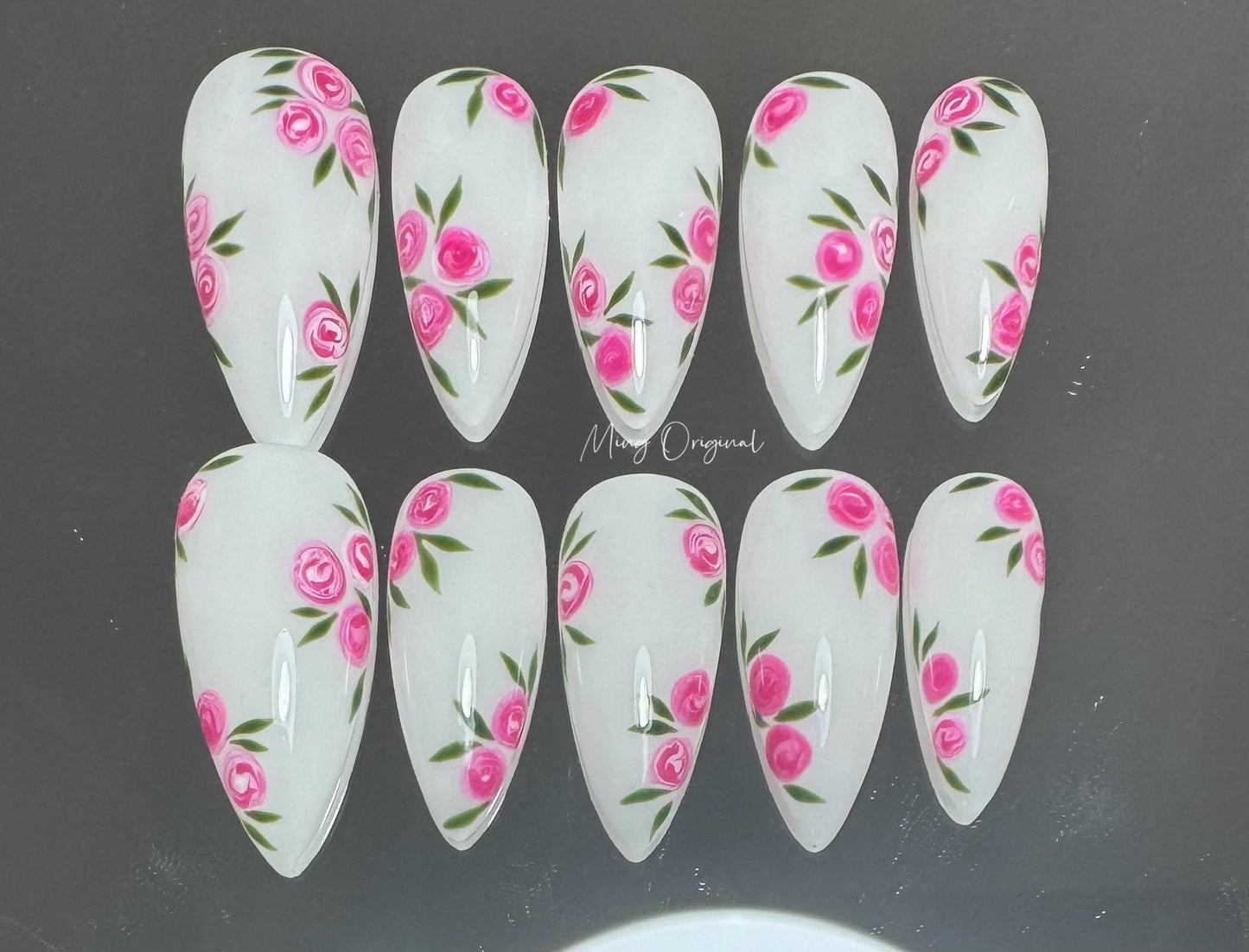 Pink Rose Flower milky white art nail, premium salon Press on Nail, glue on nails, Handmade gel Nails, holiday birthday gift for her MO305