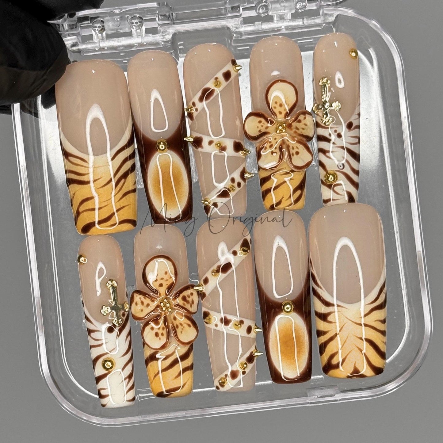 Brown Flower handmade 3d Press on Nails, animal print, belt and gold rivet, Zebra stripe French tip nail,gift for her,MO452