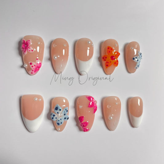 Colorful Vivid Blooming Flower Press on Nails, French tip Nails, Spring Summer, birthday holiday gift for her MO456