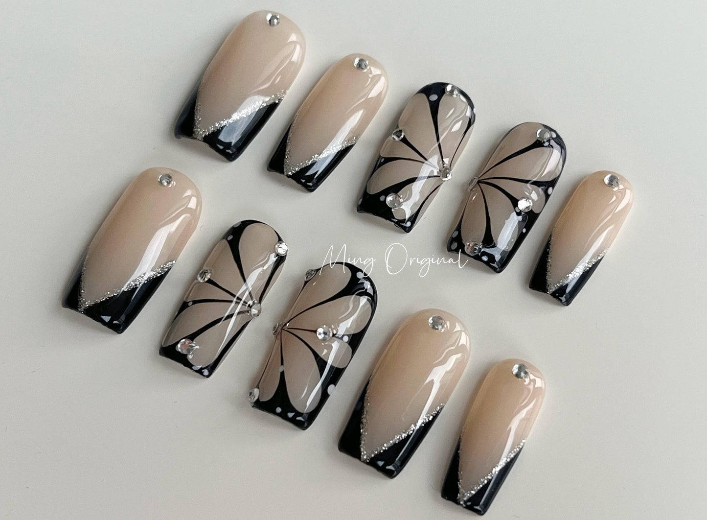 Butterfly wings press on art nail, nude french tip nails, handmade glue on nail, fake nails, holiday birthday gift for her, MO348
