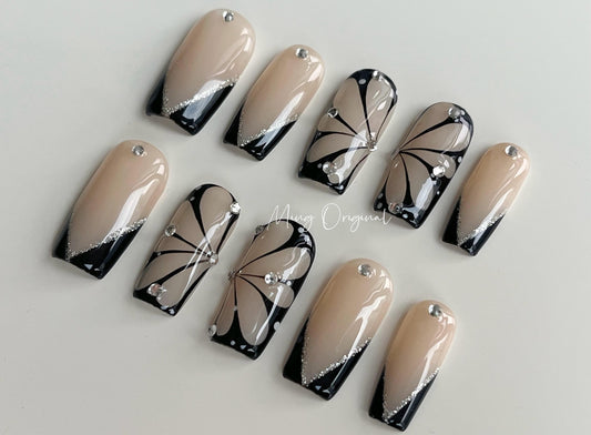 Butterfly wings press on art nail, nude french tip nails, handmade glue on nail, fake nails, holiday birthday gift for her, MO348