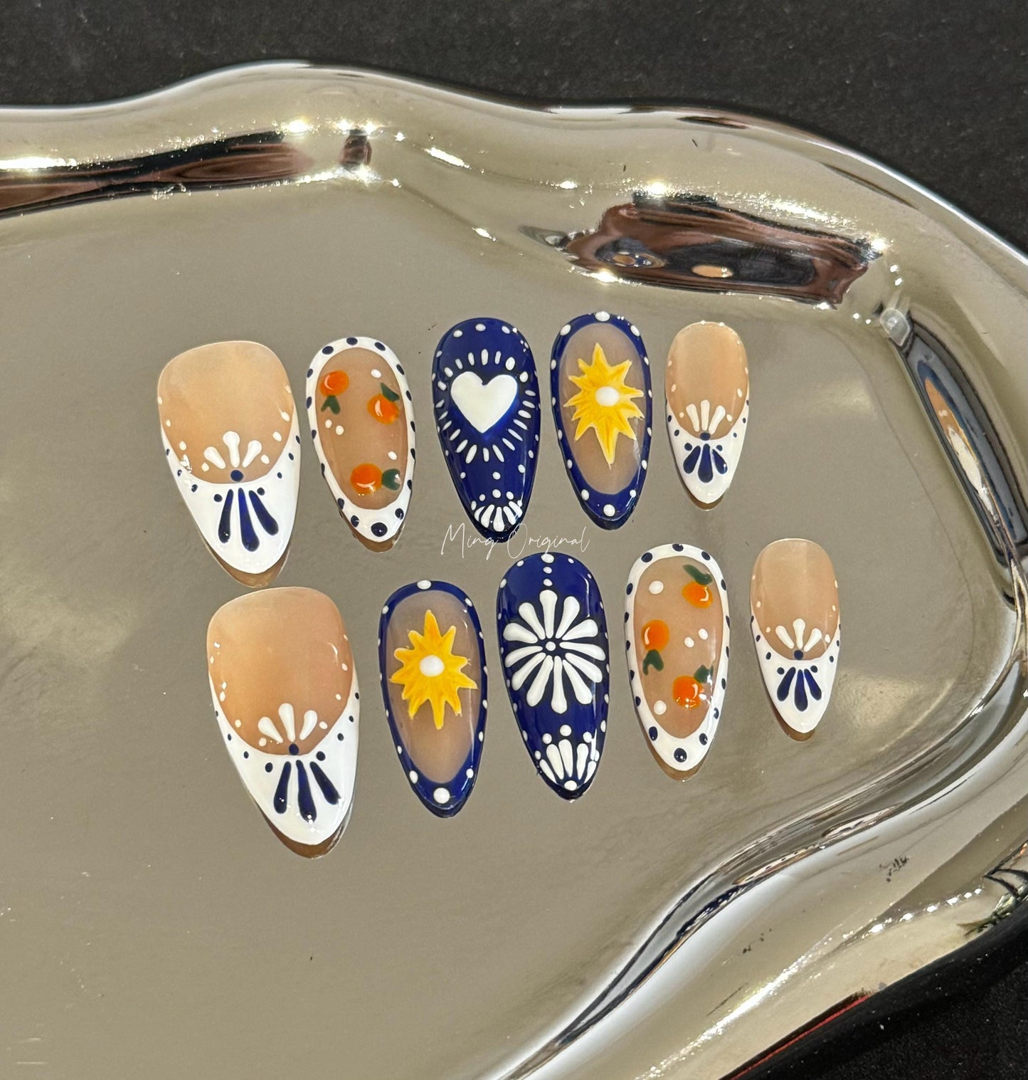 Boho Patch work French Tip Nail , Porcelain Pattern Talavera handpainted press on nails, Heart and orange free style holiday Gifts for Her
