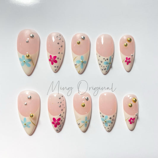Meadow Petals Cute Floral French Tip Handmade Press on Nail, Spring Summer Colorful Little Dainty flower, Jelly Nails, gift for her, MO455