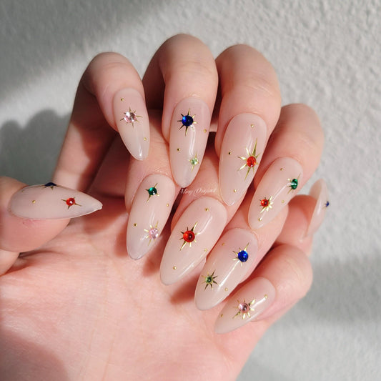 Nude classic press on nail, gold chrome star and multicolored rhinestones, Chic Fake nails for Christmas holiday