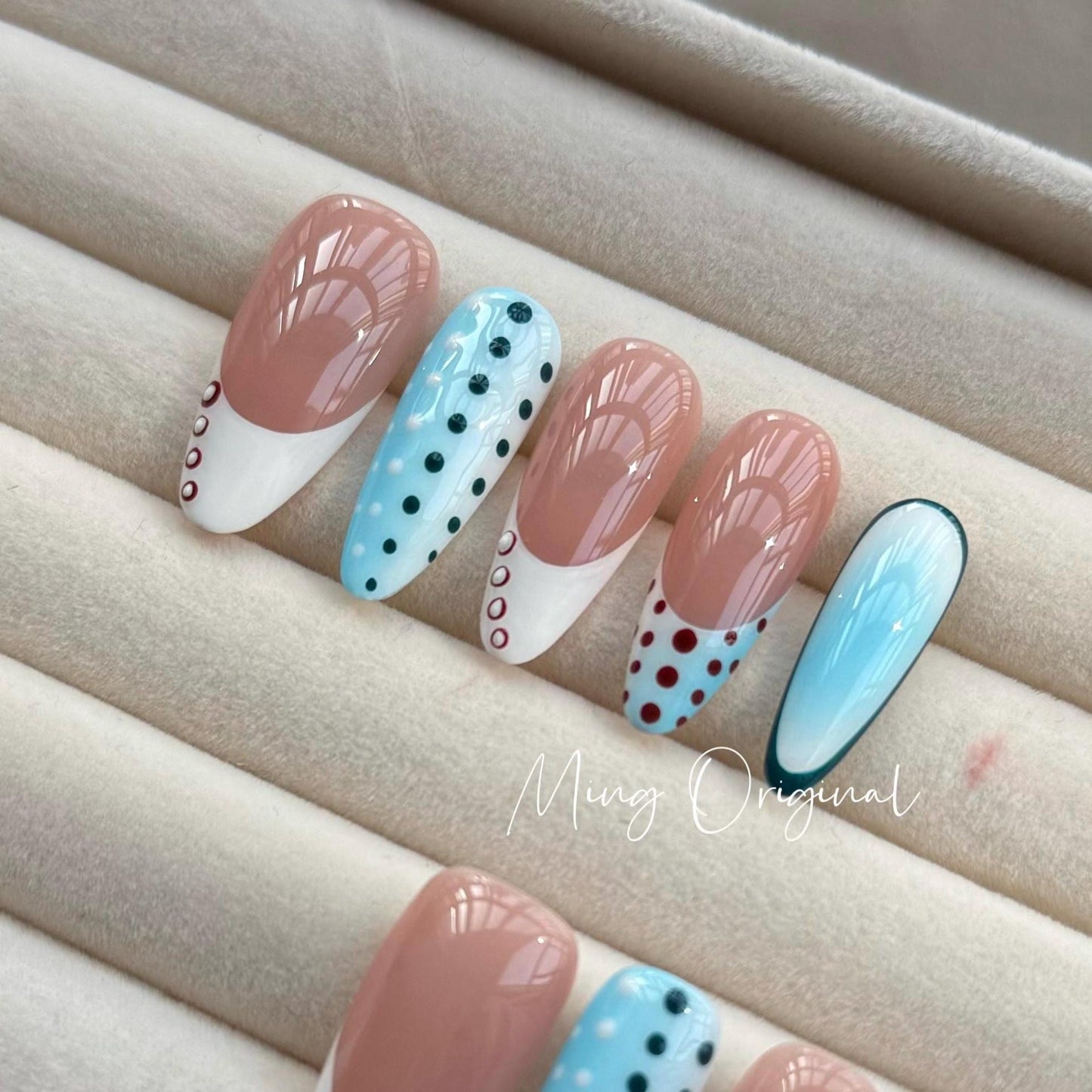 Free style dots ombre blue press on nails, polka dot french tip fake nails, candy color glue on nail, birthday holiday gift for her MO321