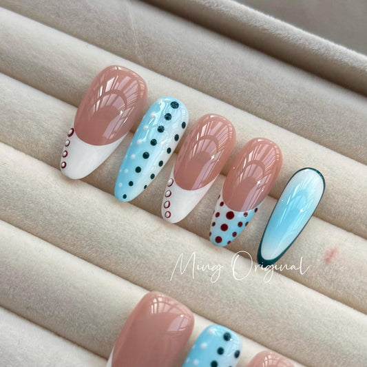 Free style dots ombre blue press on nails, polka dot french tip fake nails, candy color glue on nail, birthday holiday gift for her MO321