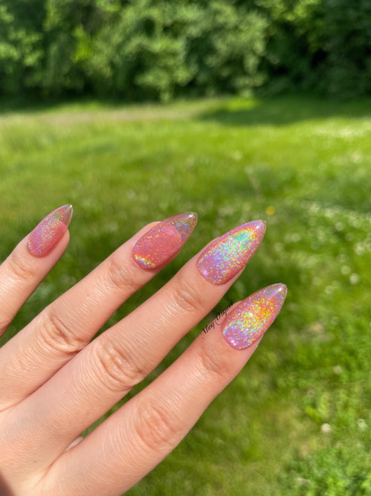 Pink Rainbow Cat Eye Holographic Magnetic Cotton Candy, Translucent press on nails, reuse nails, jelly fake nail, sparkly shimmer nail