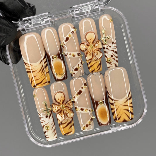Brown Flower handmade 3d Press on Nails, animal print, belt and gold rivet, Zebra stripe French tip nail,gift for her,MO452