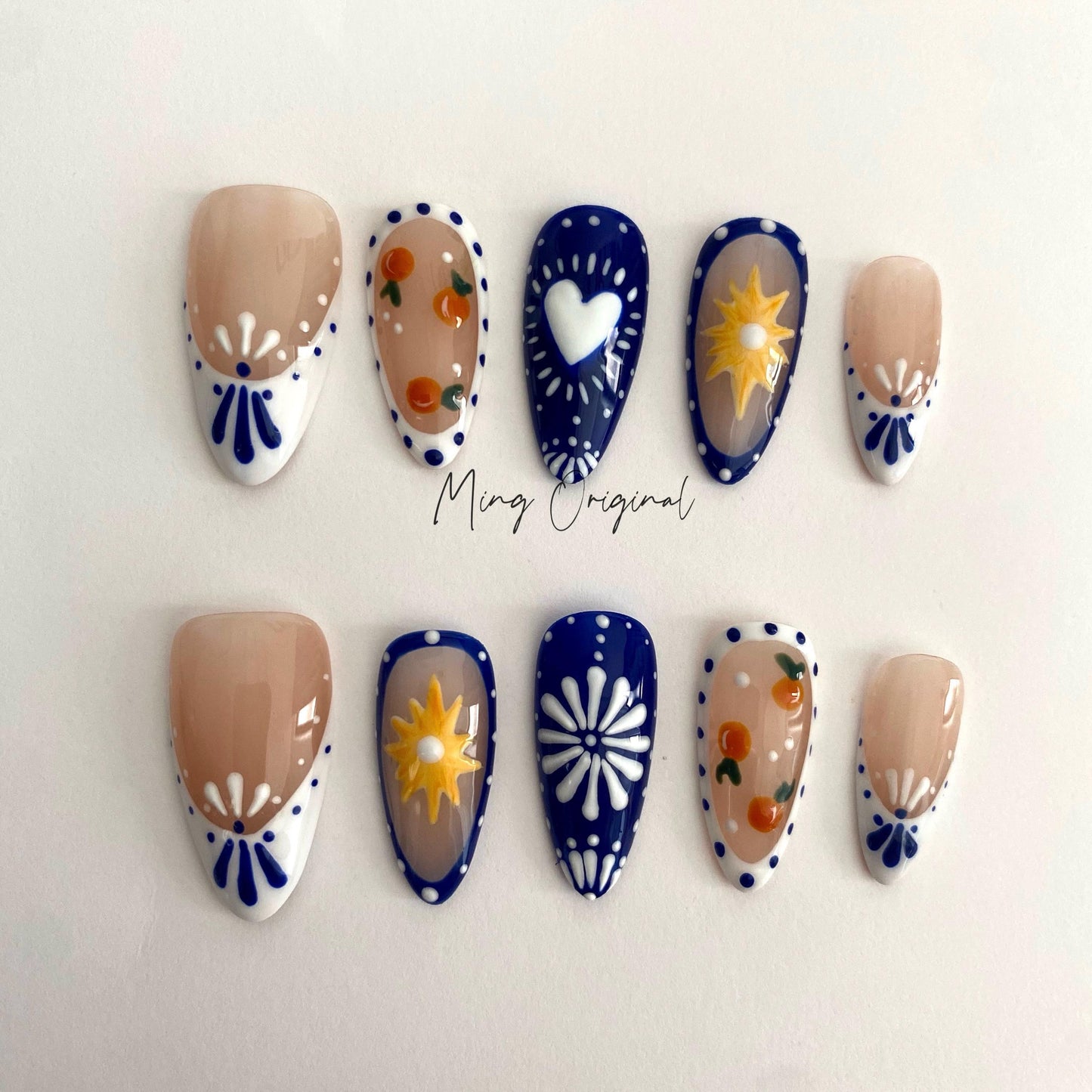 Boho Patch work French Tip Nail , Porcelain Pattern Talavera handpainted press on nails, Heart and orange free style holiday Gifts for Her