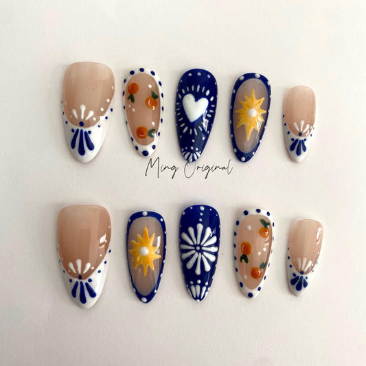 Boho Patch work French Tip Nail , Porcelain Pattern Talavera handpainted press on nails, Heart and orange free style holiday Gifts for Her