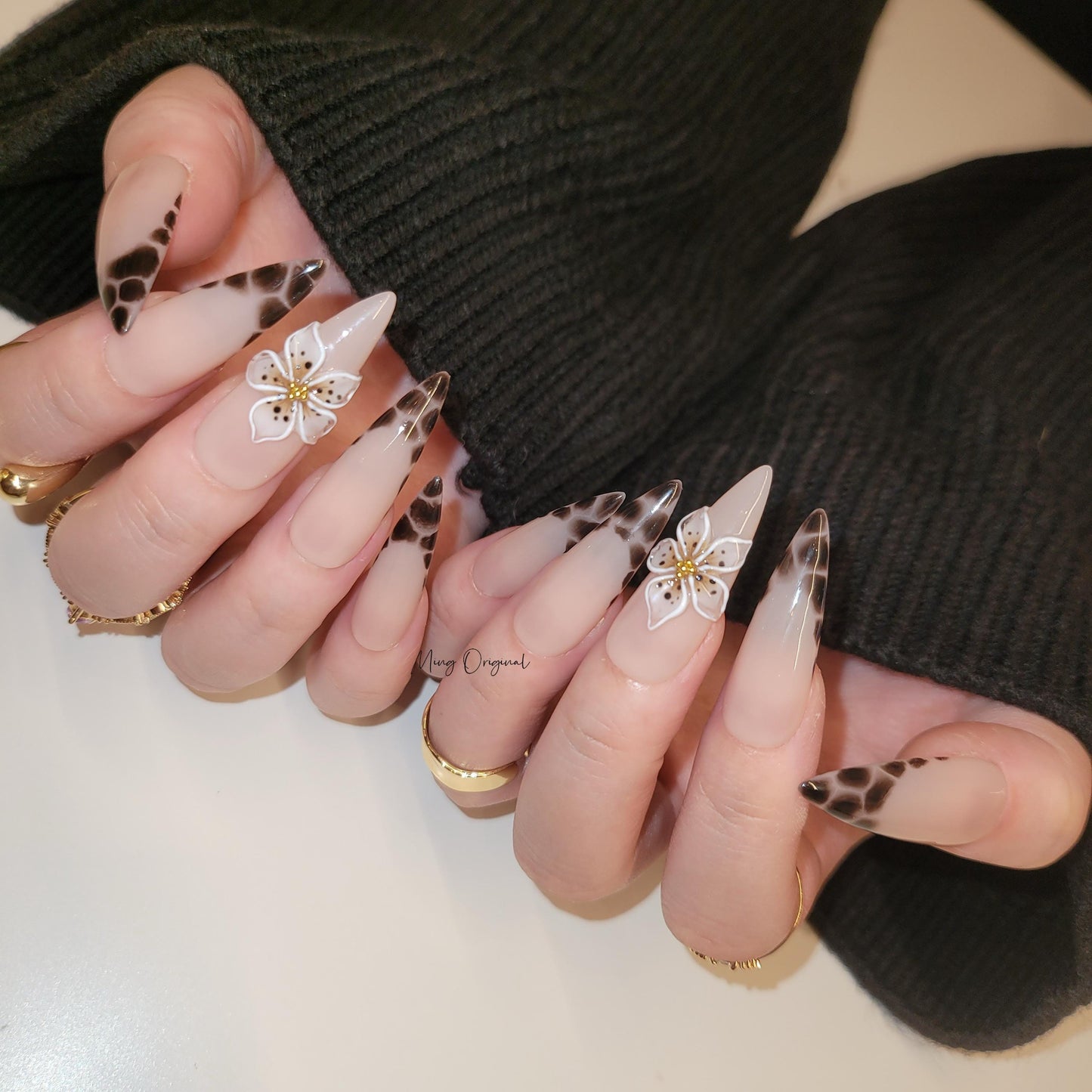 Animal print french tip Press on Nails,  leopard print 3d flower fake nails, glue on nail, holiday birthday gift for her,MO290