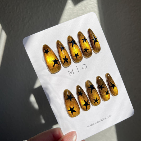 Da Amber Star| glass beads inspired magnetic cat eye press on nails, yellow/golden nails, semitransparent reuse nails, glitter fake nail