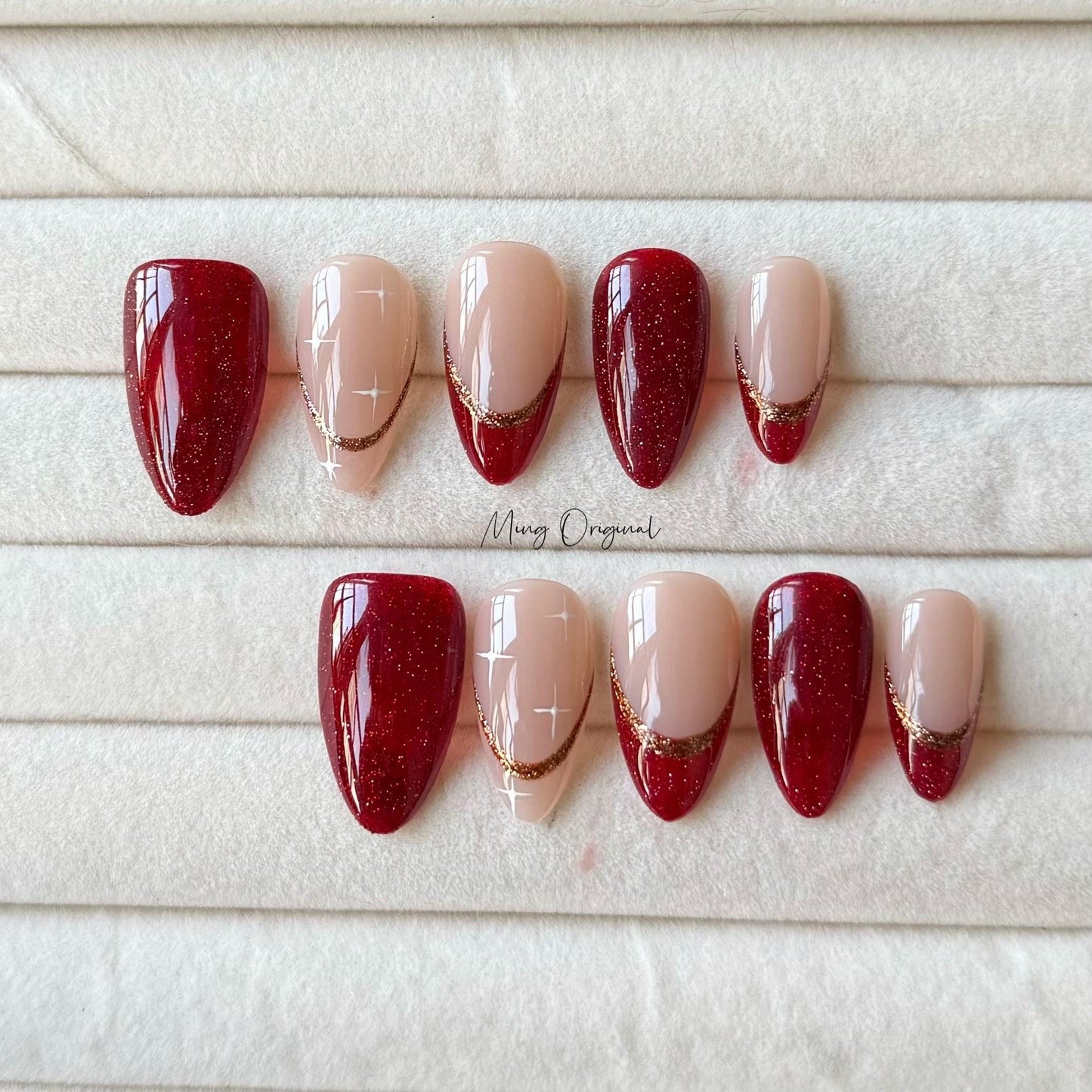 New Year Gold Minimalist Royal Red press on nail, reflective sparkling french tip nails, glue on nail,Christmas birthday gift for her, MO393