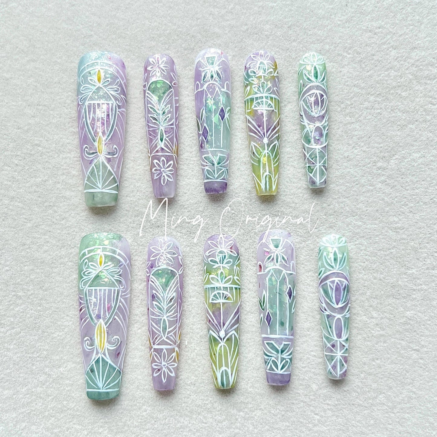 Stained Glass Window Free style Flower pastel Water Color press on nails, ombre rainbow color matching, hand painted nail, gift for her