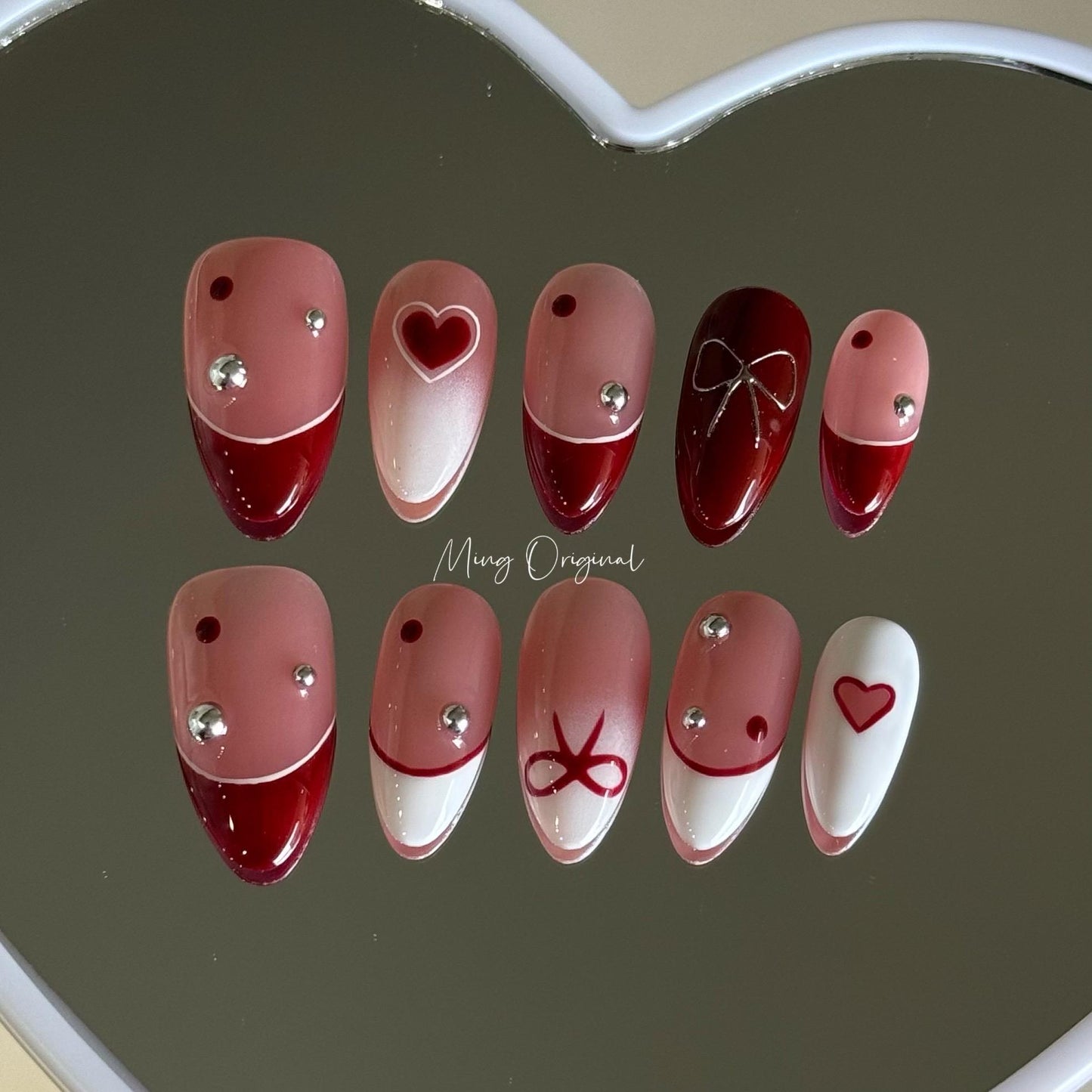 Ombre white silver 3d bow coquette and heart press on Nail, red french tip glue on nail, metallic Fake Nails, new year Gifts for Her, MO415