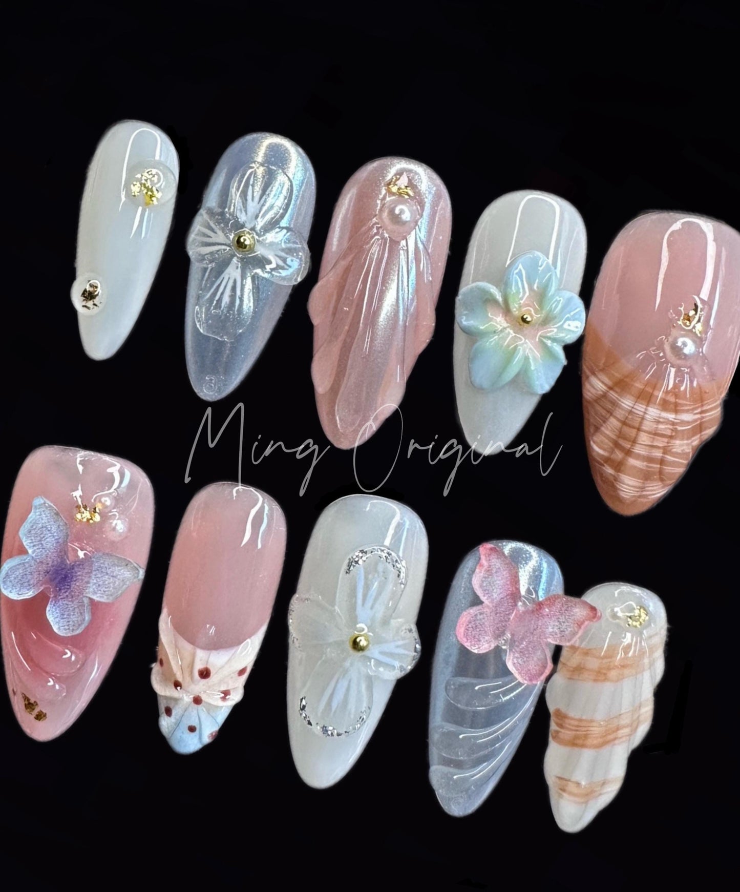 3D sculptured flower Seashell Press on Nail, Mermaid Butterfly Nails, Orchid Tropical Floral Nails, Jelly Nail