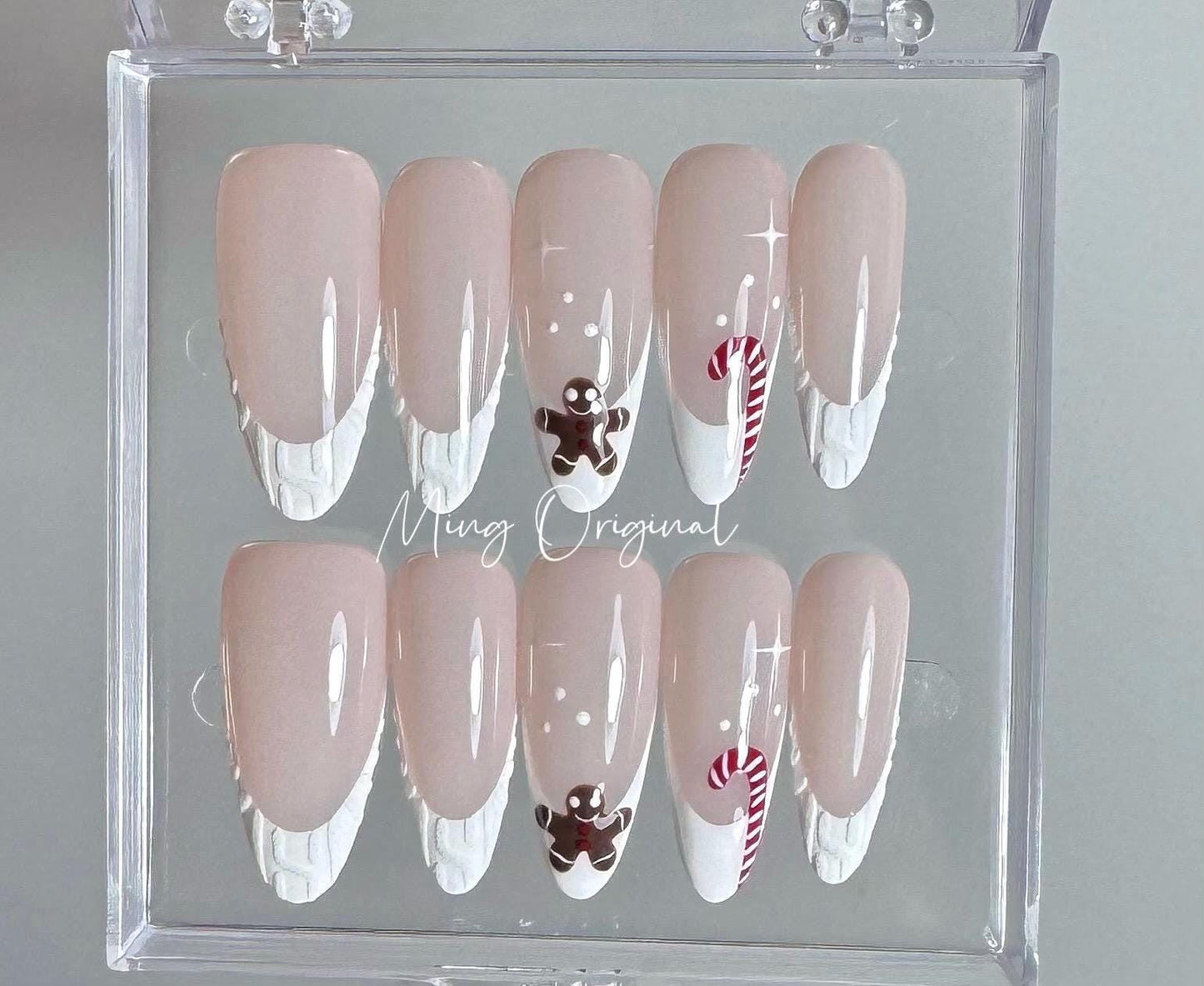 Christmas Gingerbread man press on Nail, candy cane French tip 3d sweater nails, glue on nail, Holiday Fake Nails, Gifts for Her, MO341