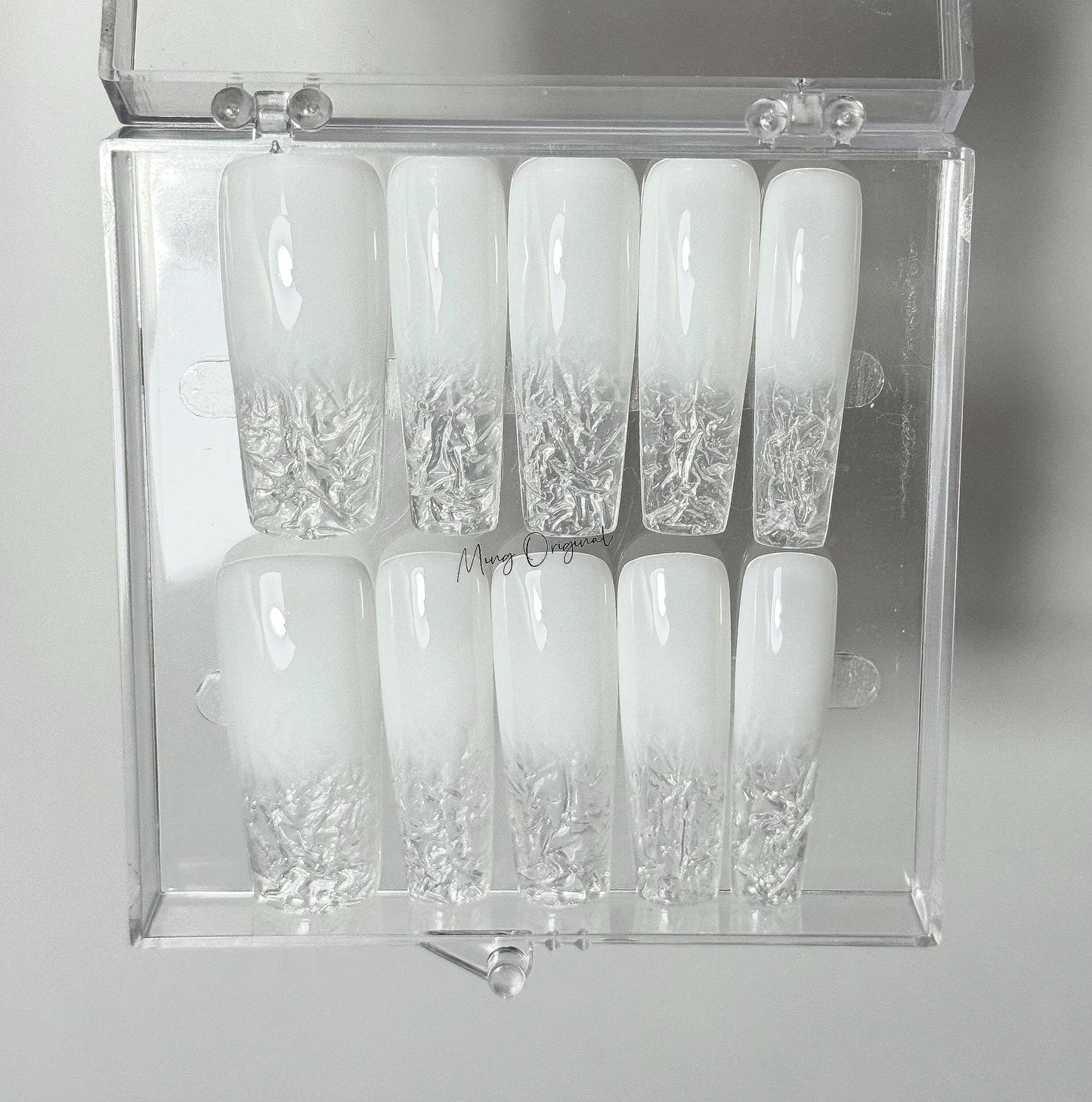 White ombre clear icey tip Press on Nails, 3d glass effect Nails, glue on nail, birthday holiday gift for her MO389