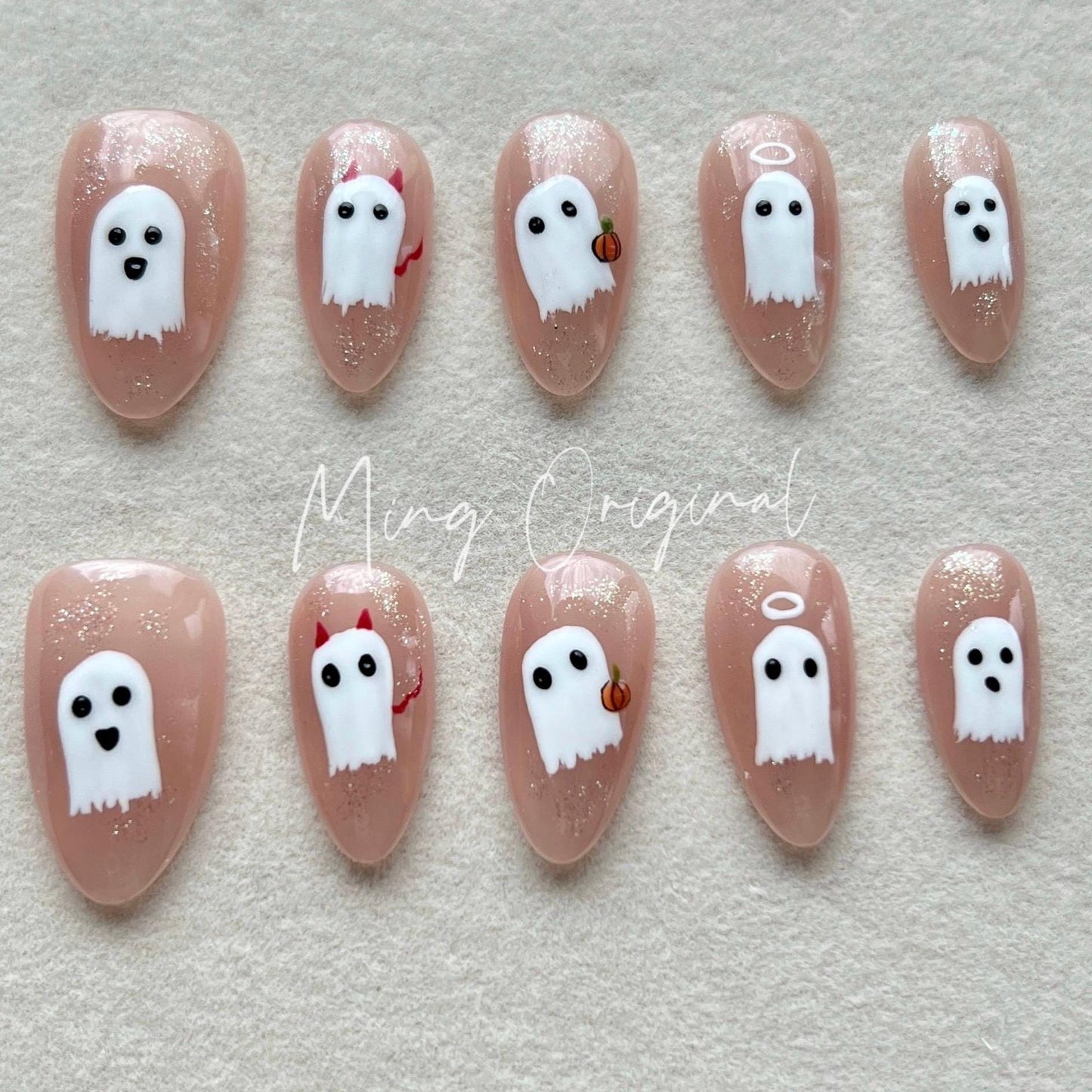 Cute Little Ghost  and pumpkin Halloween Season Spooky press on nail, fake nail, horror nail, hand paint ghost nail, gift for her