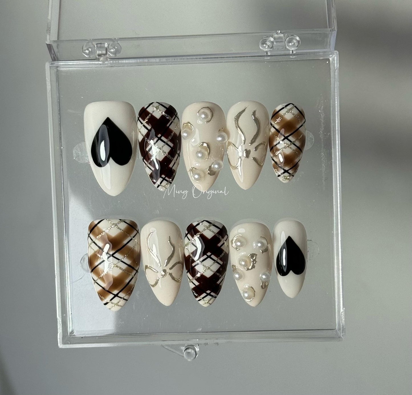 Valentine heart plaid pattern gold detail pearl embellishment Press on Nails, bow coquette glue on nail, holiday birthday gift for her,MO411