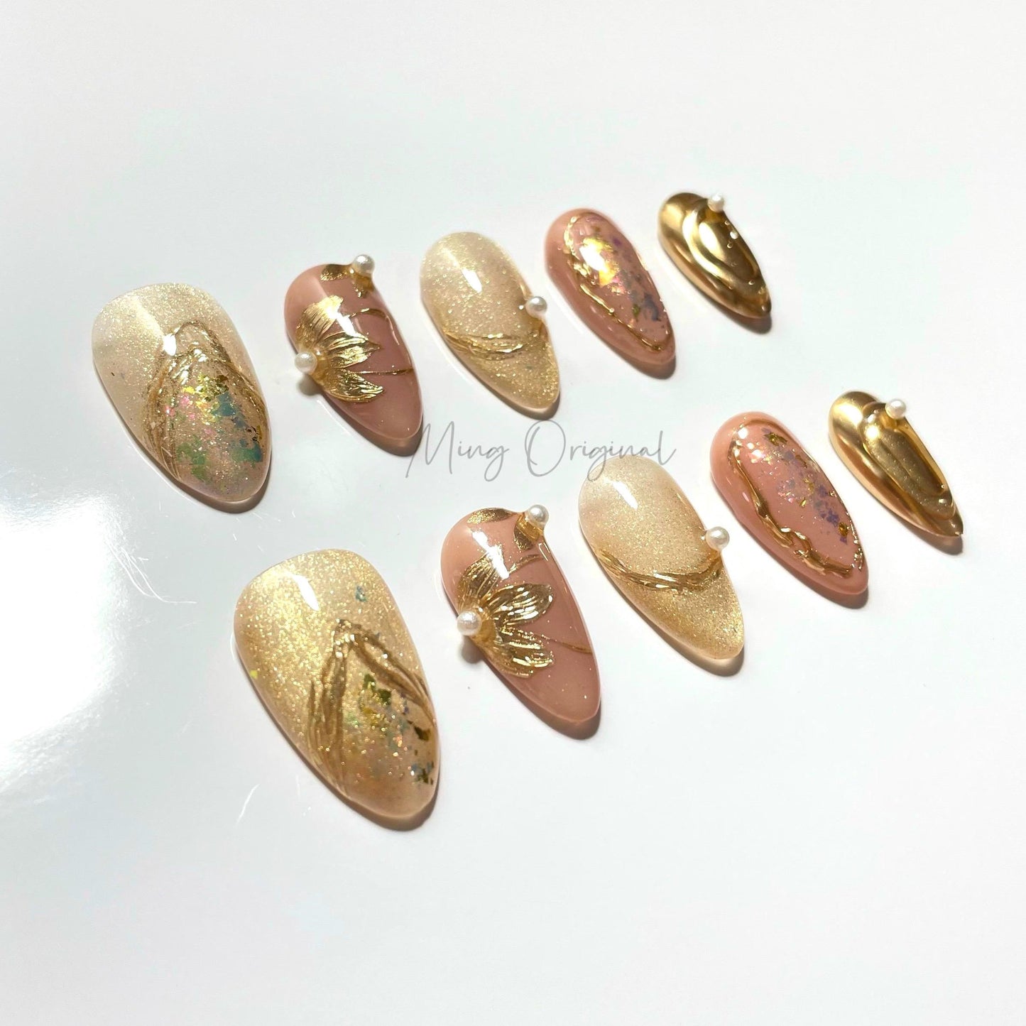 Gold Goddess mystery gold free style cat eye press on nails, hand paint gold flower, nude jelly fake nail, birthday gift for her,MO462