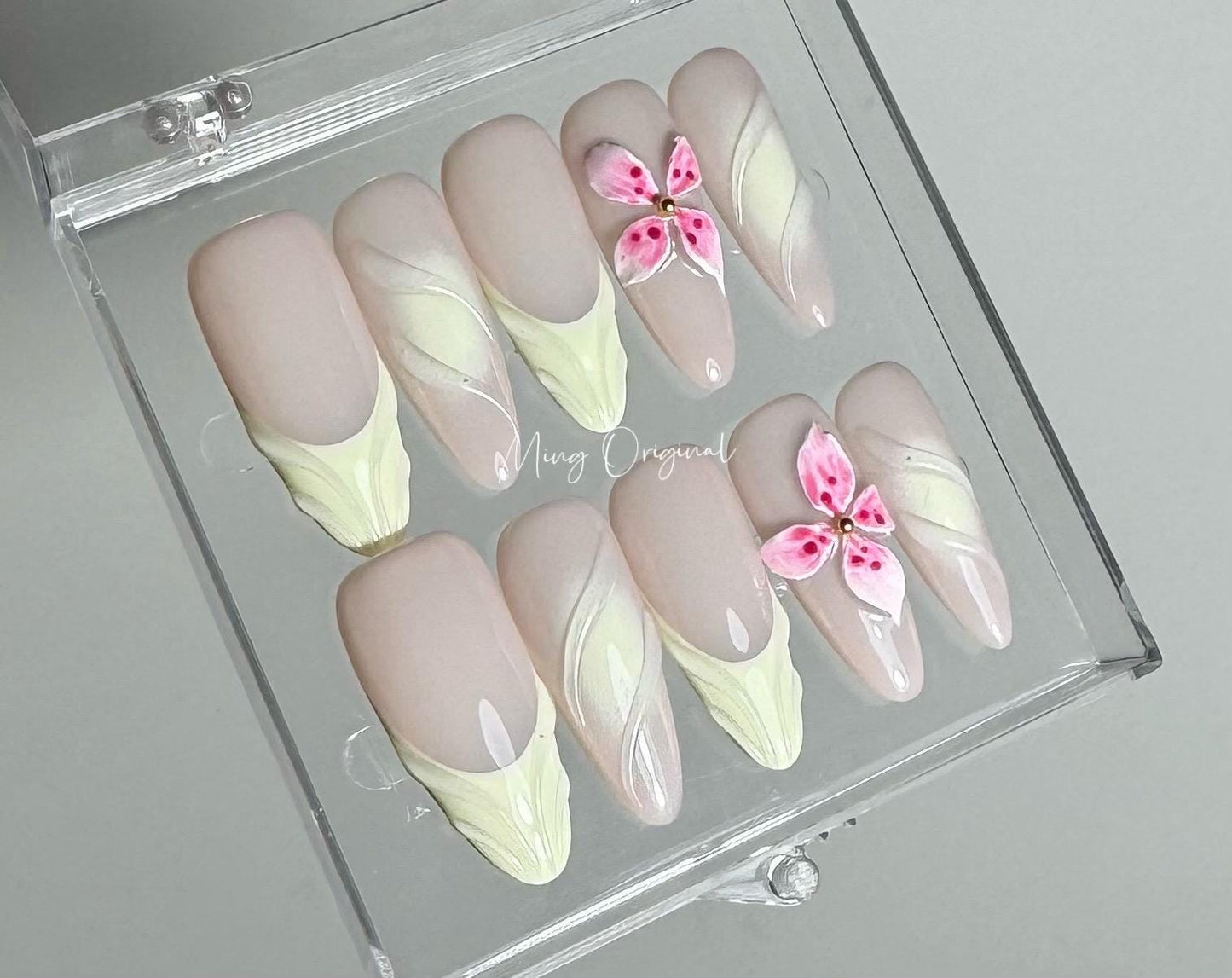 Pink 3d blooming flower press on nails, 3d swirls pastel color ombre French tip Nails, nude nails, birthday holiday gift for her MO344